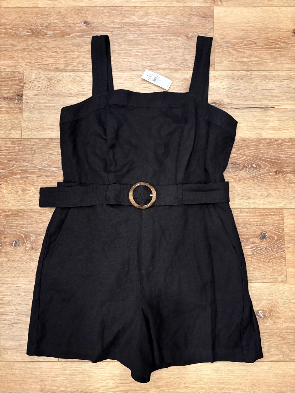 Women’s LOFT Black Linen-Blend Belted Romper with Round Buckle-Size 10